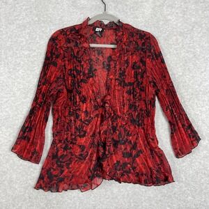 Studio 1940 Crinkle Sheer Tie Front Blouse Womens L Red Black Abstract Boho Goth